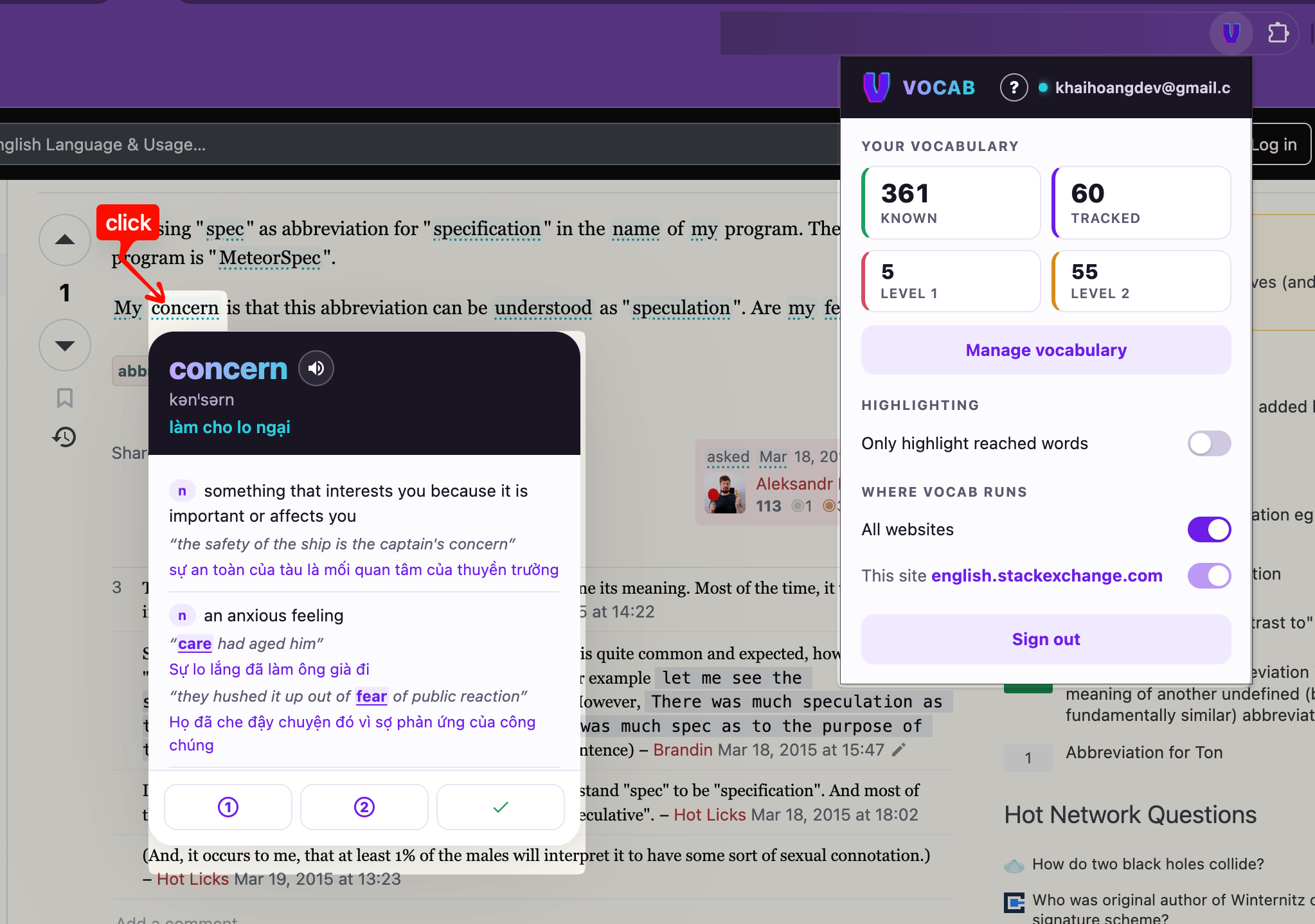 Vocab Lab word card and popup shown on a web page