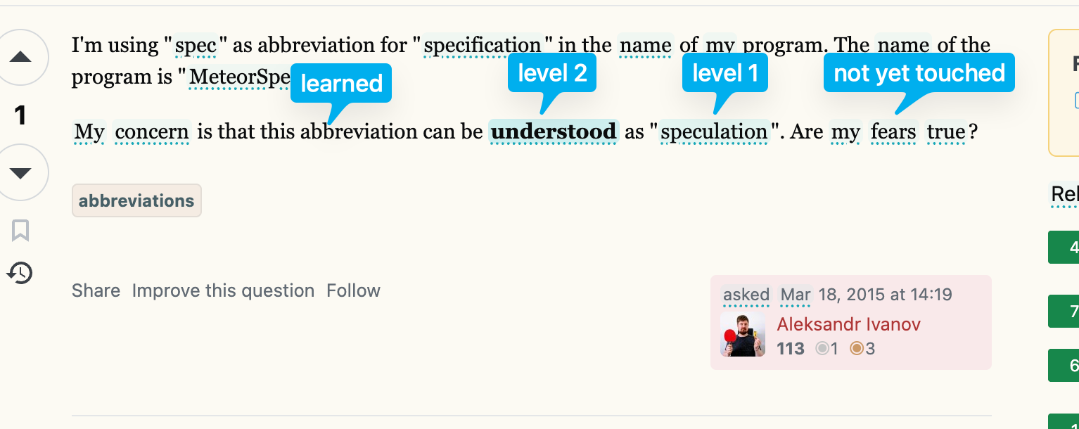 Popup with your vocabulary stats